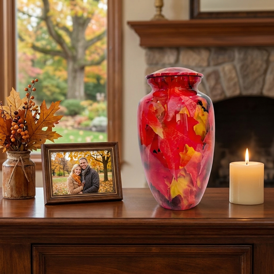 Adult Cremation Urn – Autumn Maple Leaves Design in Gloss Finish (Product Code: NUBTL)