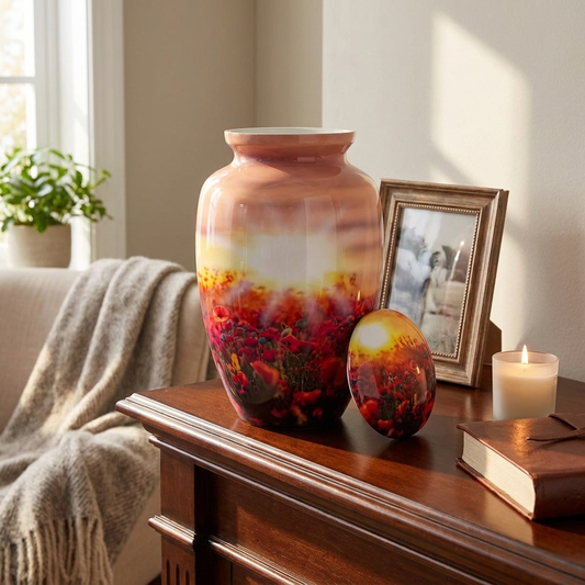 Adult Cremation Urn – Flower Field with Rising Sun Design in Gloss Finish (NURFSS)