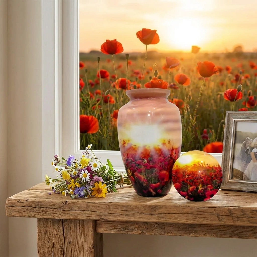 Adult Cremation Urn – Flower Field with Rising Sun Design in Gloss Finish (NURFSS)
