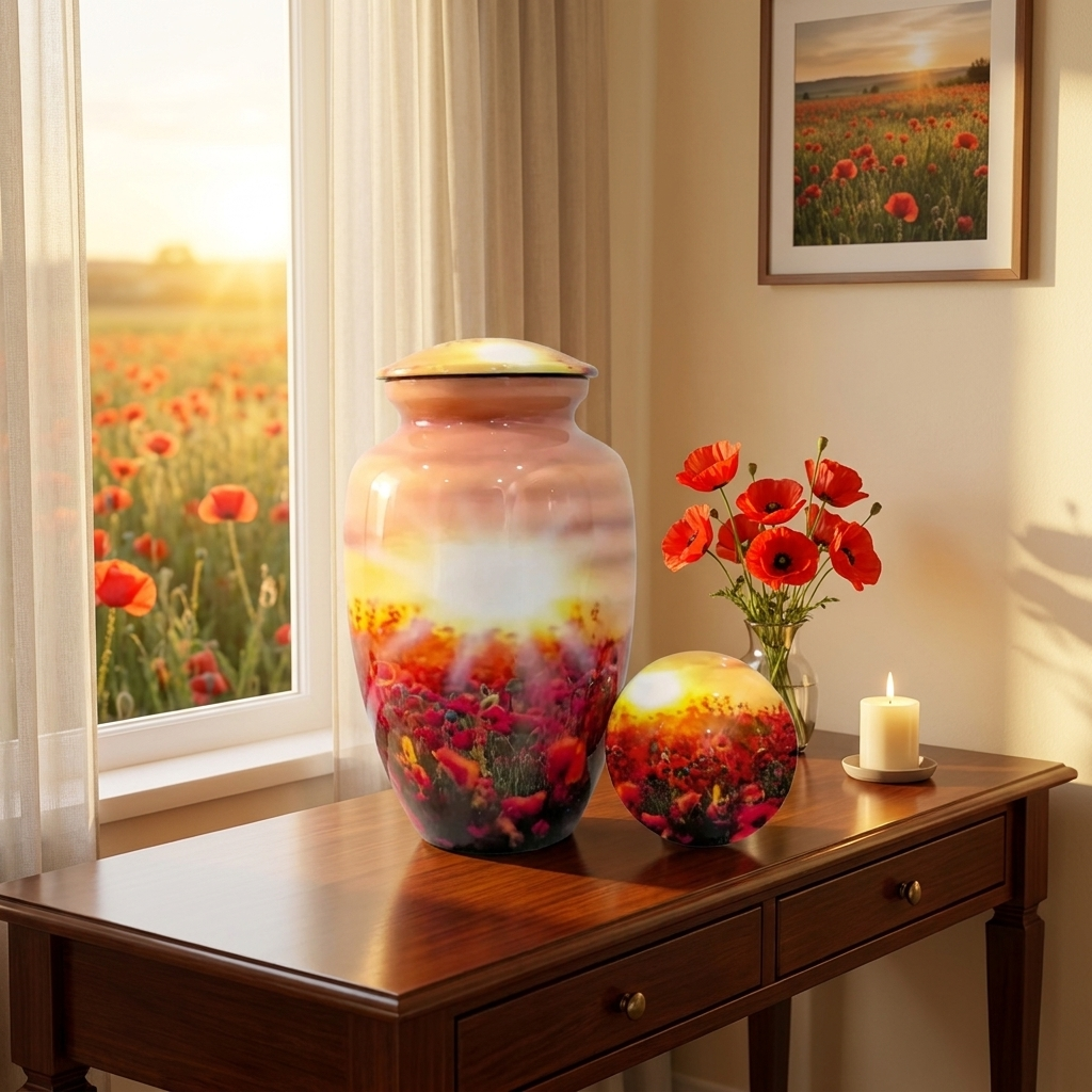 Adult Cremation Urn – Flower Field with Rising Sun Design in Gloss Finish (NURFSS)