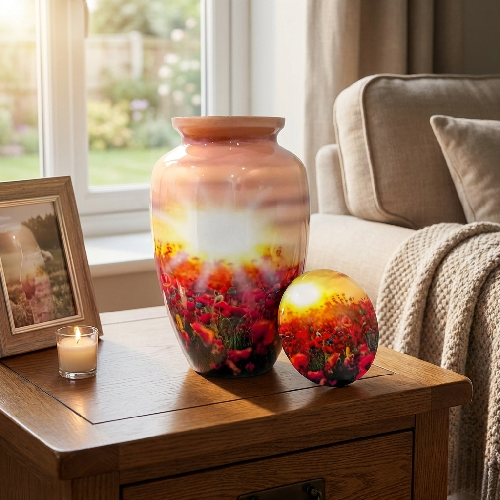 Adult Cremation Urn – Flower Field with Rising Sun Design in Gloss Finish (NURFSS)