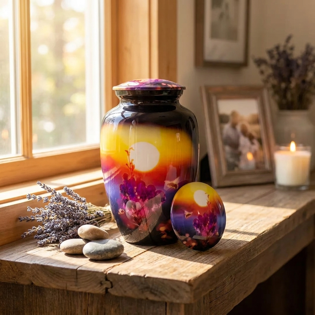 Adult Cremation Urn – Honey Bee & Flower Shrub with Yellow Sunset Design in Gloss Finish (Product Code: NUSFPB)