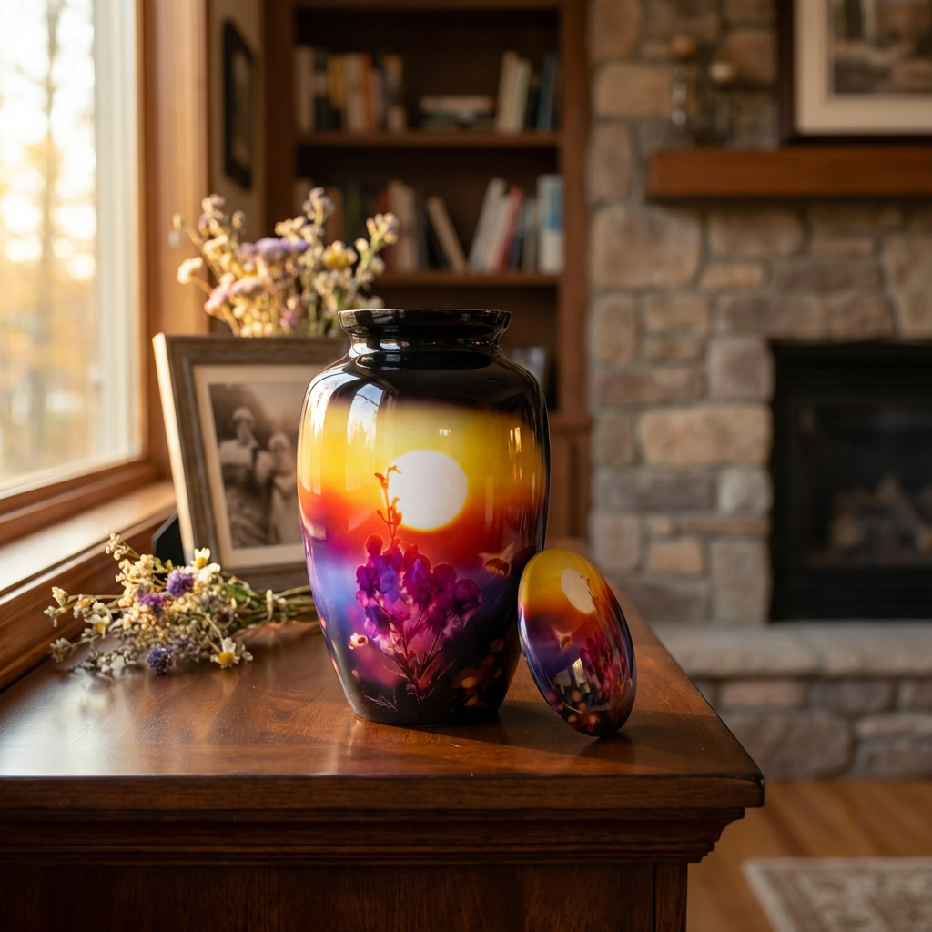 Adult Cremation Urn – Honey Bee & Flower Shrub with Yellow Sunset Design in Gloss Finish (Product Code: NUSFPB)