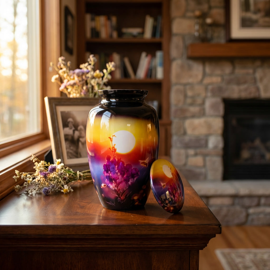 Adult Cremation Urn – Honey Bee & Flower Shrub with Yellow Sunset Design in Gloss Finish (Product Code: NUSFPB)