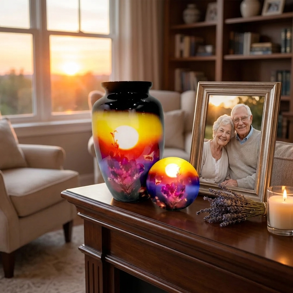 Adult Cremation Urn – Honey Bee & Flower Shrub with Yellow Sunset Design in Gloss Finish (Product Code: NUSFPB)