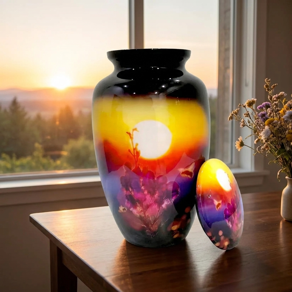 Adult Cremation Urn – Honey Bee & Flower Shrub with Yellow Sunset Design in Gloss Finish (Product Code: NUSFPB)