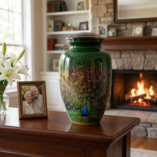 Adult Cremation Urn – Peacock Elegance on Gloss Green Aluminum (Product Code: NUPFO)