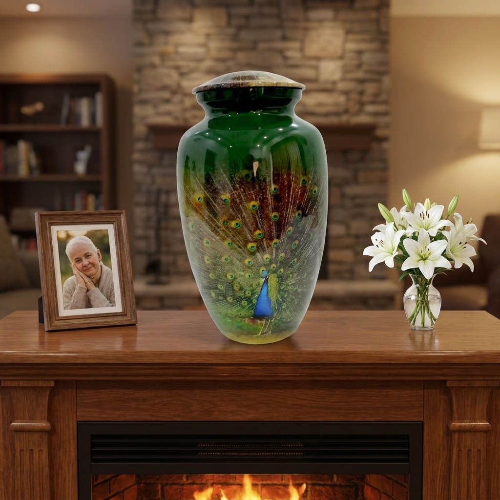 Adult Cremation Urn – Peacock Elegance on Gloss Green Aluminum (Product Code: NUPFO)