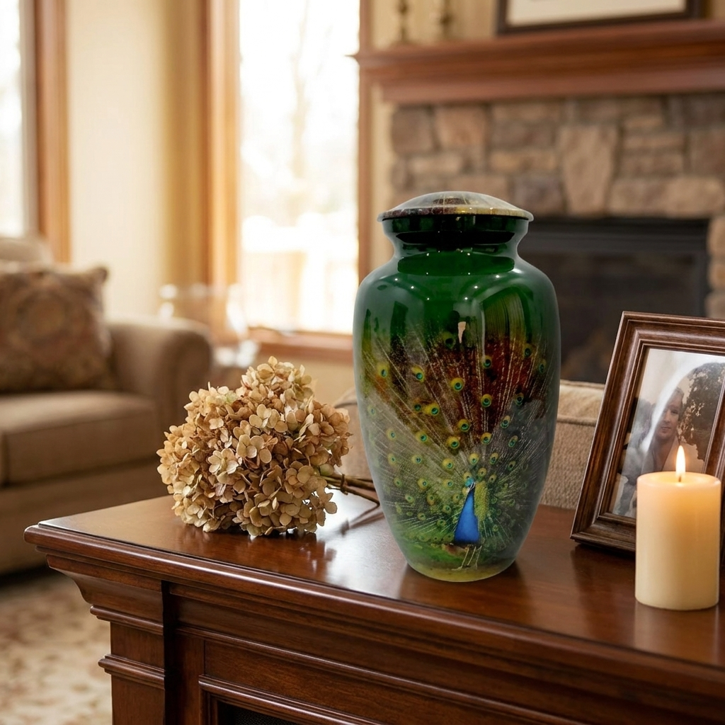 Adult Cremation Urn – Peacock Elegance on Gloss Green Aluminum (Product Code: NUPFO)