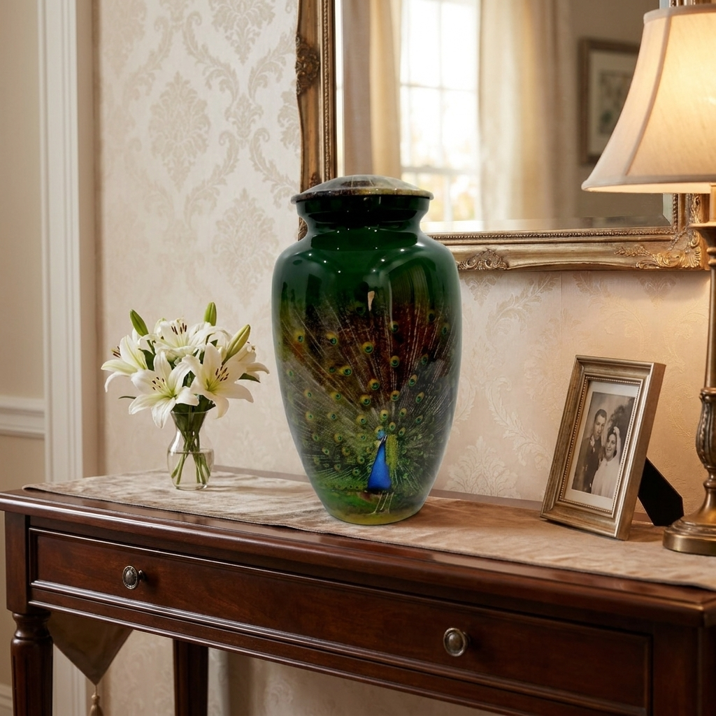 Adult Cremation Urn – Peacock Elegance on Gloss Green Aluminum (Product Code: NUPFO)