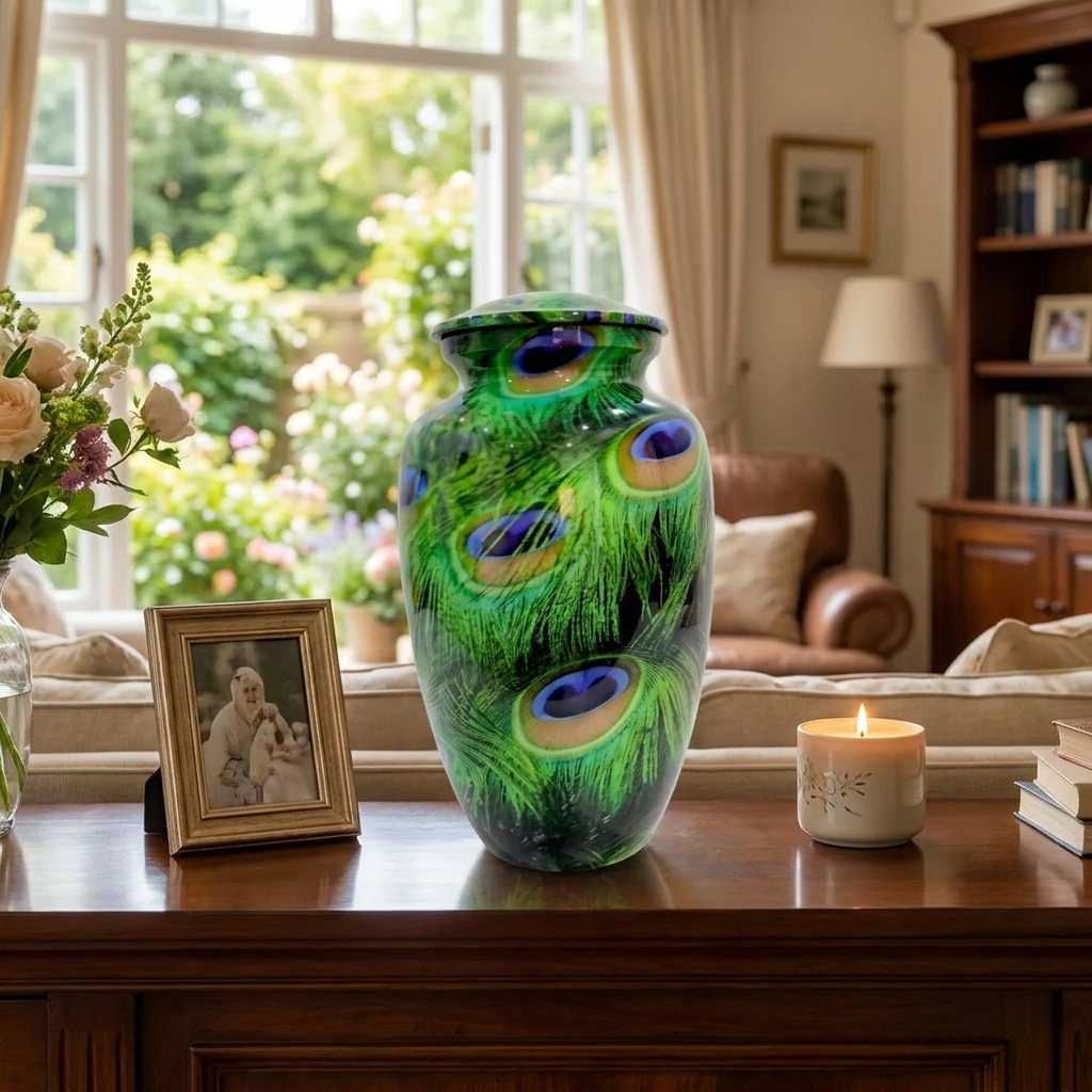 Adult Cremation Urn – Peacock Feather Design in Gloss Finish (NUPFTH)