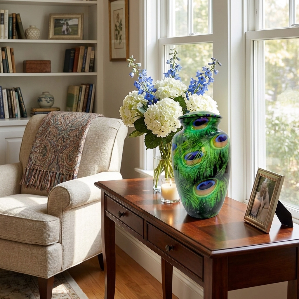 Adult Cremation Urn – Peacock Feather Design in Gloss Finish (NUPFTH)
