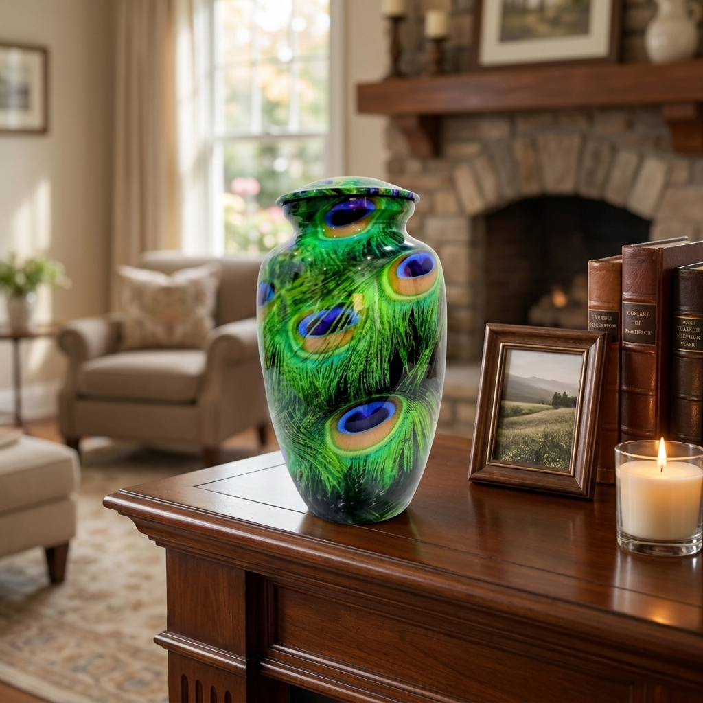 Adult Cremation Urn – Peacock Feather Design in Gloss Finish (NUPFTH)