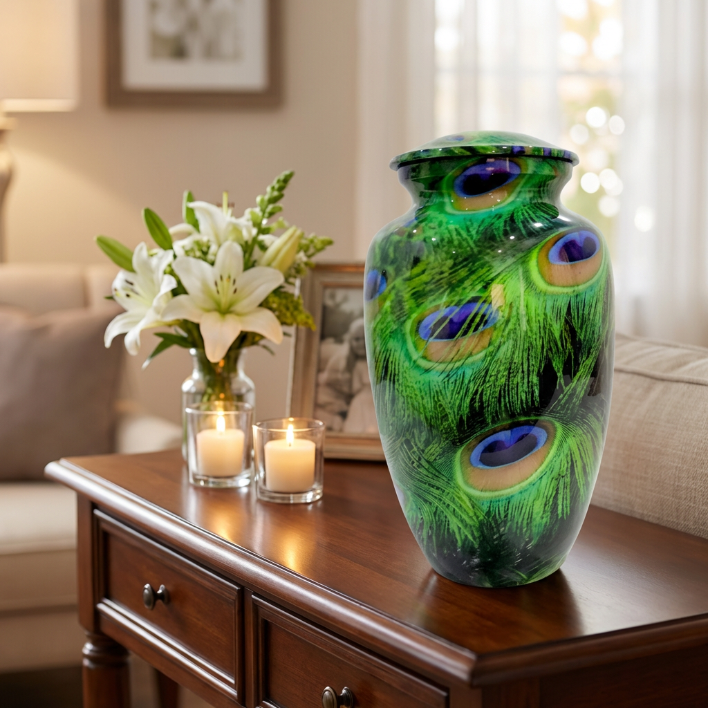 Adult Cremation Urn – Peacock Feather Design in Gloss Finish (NUPFTH)