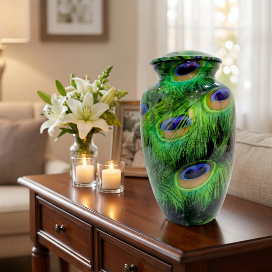 Adult Cremation Urn – Peacock Feather Design in Gloss Finish (NUPFTH)