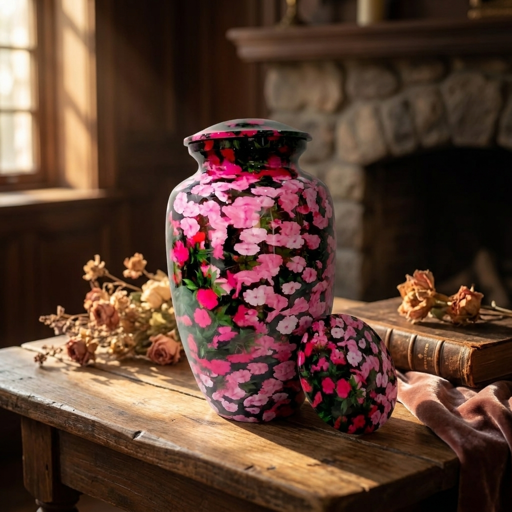 Adult Cremation Urn – Pink Floral Garden Gloss Finish (Product Code: NUPFGL)