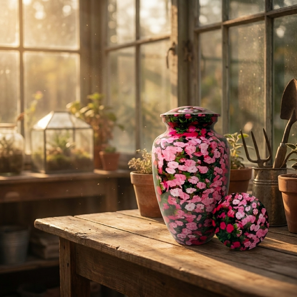 Adult Cremation Urn – Pink Floral Garden Gloss Finish (Product Code: NUPFGL)