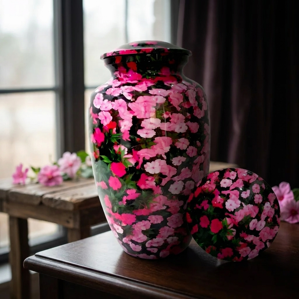 Adult Cremation Urn – Pink Floral Garden Gloss Finish (Product Code: NUPFGL)
