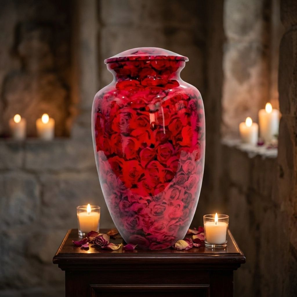 Adult Cremation Urn – Radiant Red Rose Garden Design in Gloss Finish (Product Code: NURRTH)