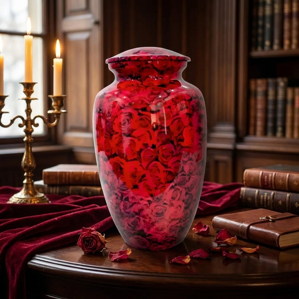 Adult Cremation Urn – Radiant Red Rose Garden Design in Gloss Finish (Product Code: NURRTH)