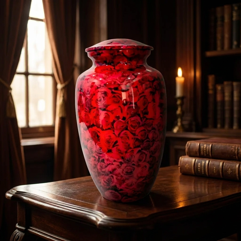 Adult Cremation Urn – Radiant Red Rose Garden Design in Gloss Finish (Product Code: NURRTH)