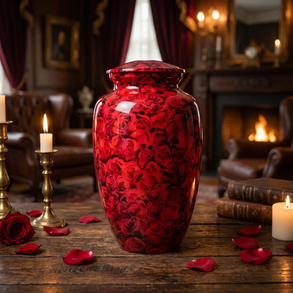 Adult Cremation Urn – Radiant Red Rose Garden Design in Gloss Finish (Product Code: NURRTH)