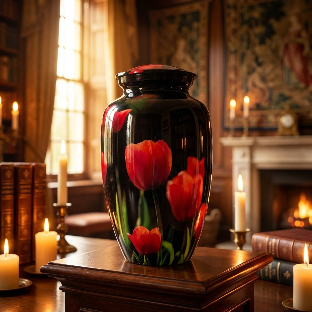 Adult Cremation Urn – Radiant Red Tulip Blossom Design in Gloss Black Finish (Product Code: NURRPT)