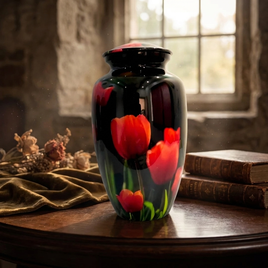Adult Cremation Urn – Radiant Red Tulip Blossom Design in Gloss Black Finish (Product Code: NURRPT)