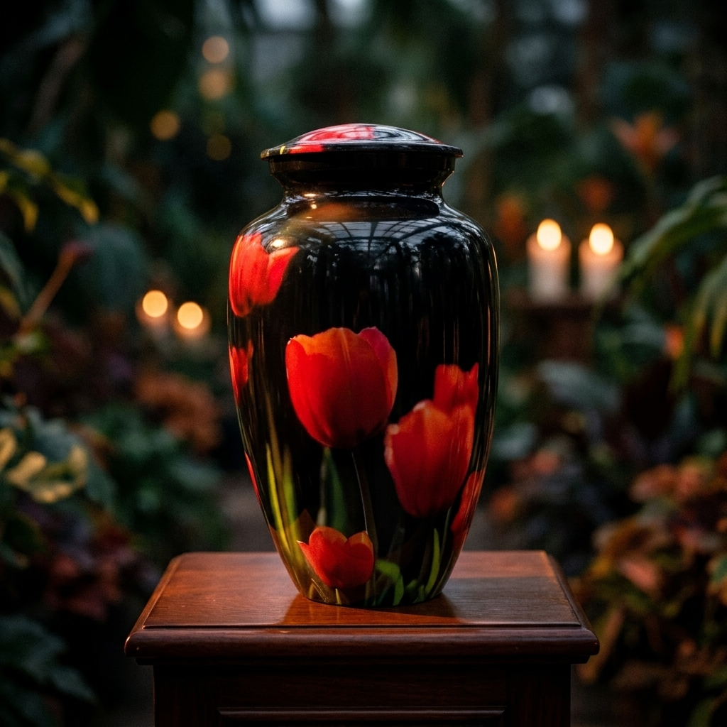 Adult Cremation Urn – Radiant Red Tulip Blossom Design in Gloss Black Finish (Product Code: NURRPT)