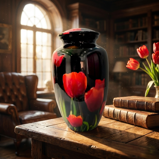 Adult Cremation Urn – Radiant Red Tulip Blossom Design in Gloss Black Finish (Product Code: NURRPT)