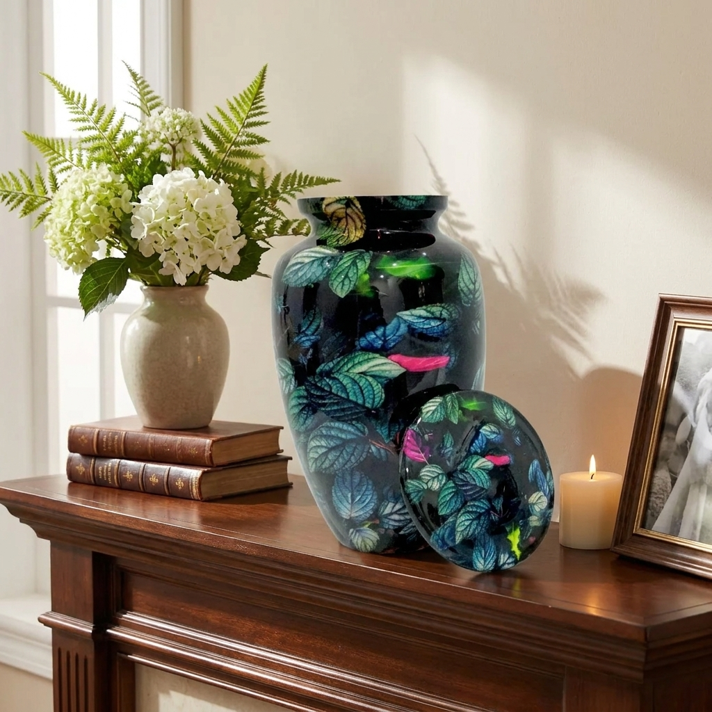 Adult Cremation Urn – Rainforest Green & Purple Leaf Design in Gloss Finish (Product Code: NURGPBL)