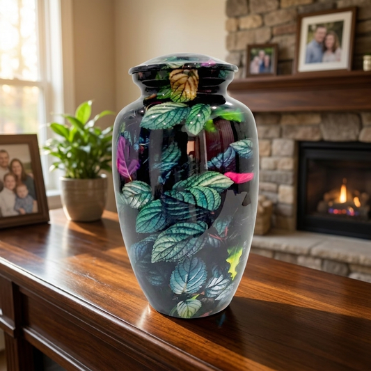 Adult Cremation Urn – Rainforest Green & Purple Leaf Design in Gloss Finish (Product Code: NURGPBL)