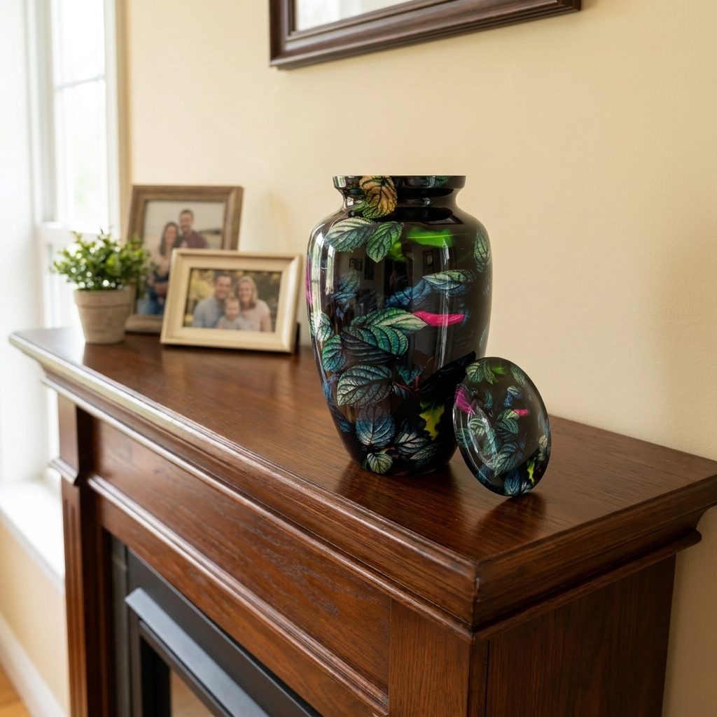 Adult Cremation Urn – Rainforest Green & Purple Leaf Design in Gloss Finish (Product Code: NURGPBL)