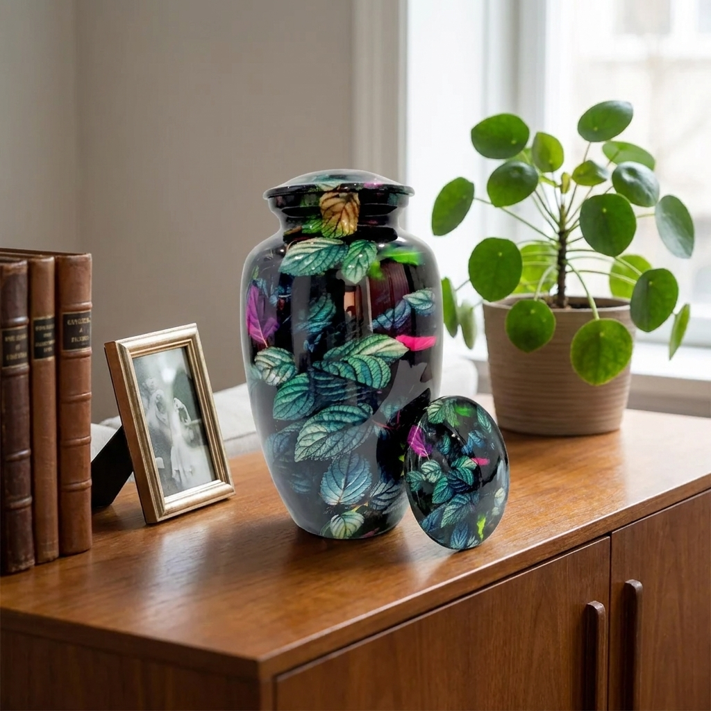 Adult Cremation Urn – Rainforest Green & Purple Leaf Design in Gloss Finish (Product Code: NURGPBL)