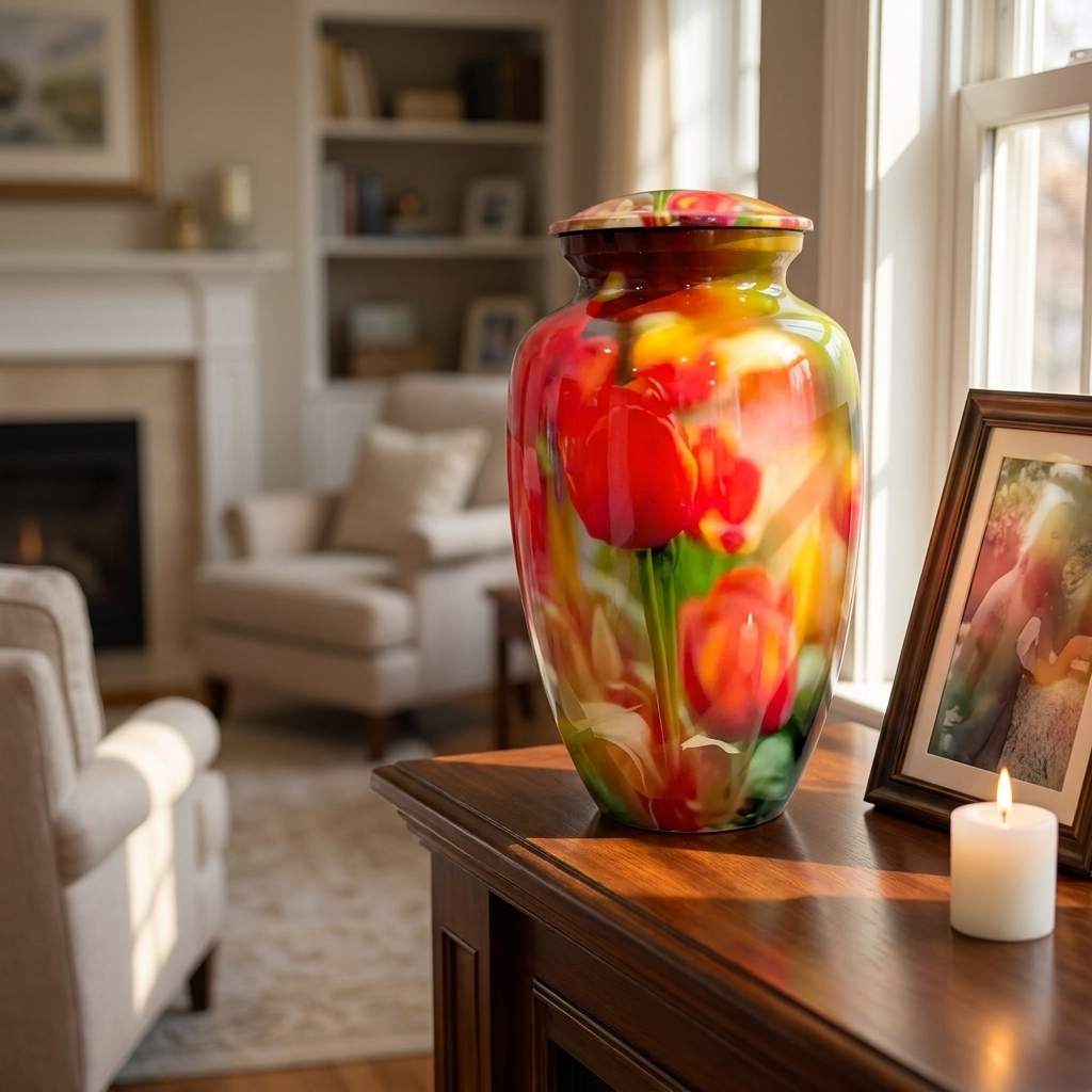 Adult Cremation Urn – Red & Yellow Tulip Blossom Design in Gloss Finish (Product Code: NURRPO)