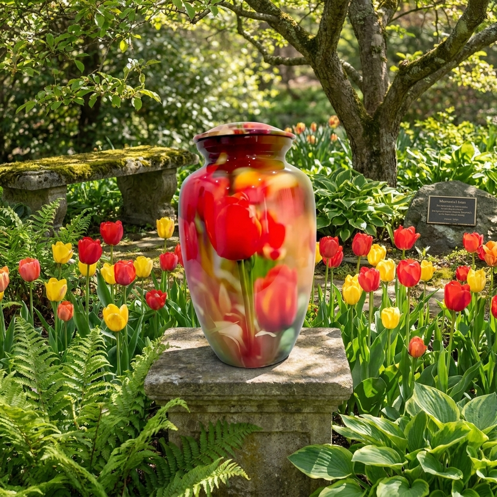 Adult Cremation Urn – Red & Yellow Tulip Blossom Design in Gloss Finish (Product Code: NURRPO)