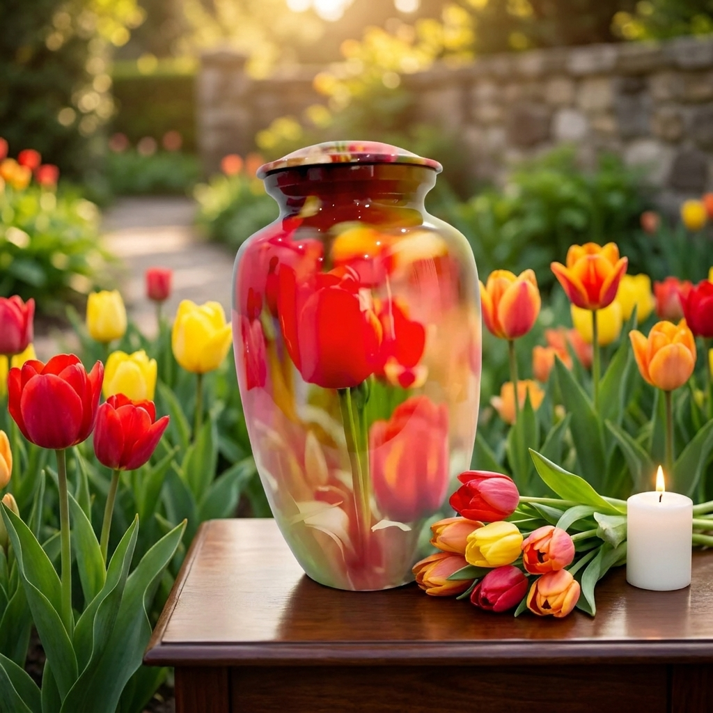 Adult Cremation Urn – Red & Yellow Tulip Blossom Design in Gloss Finish (Product Code: NURRPO)
