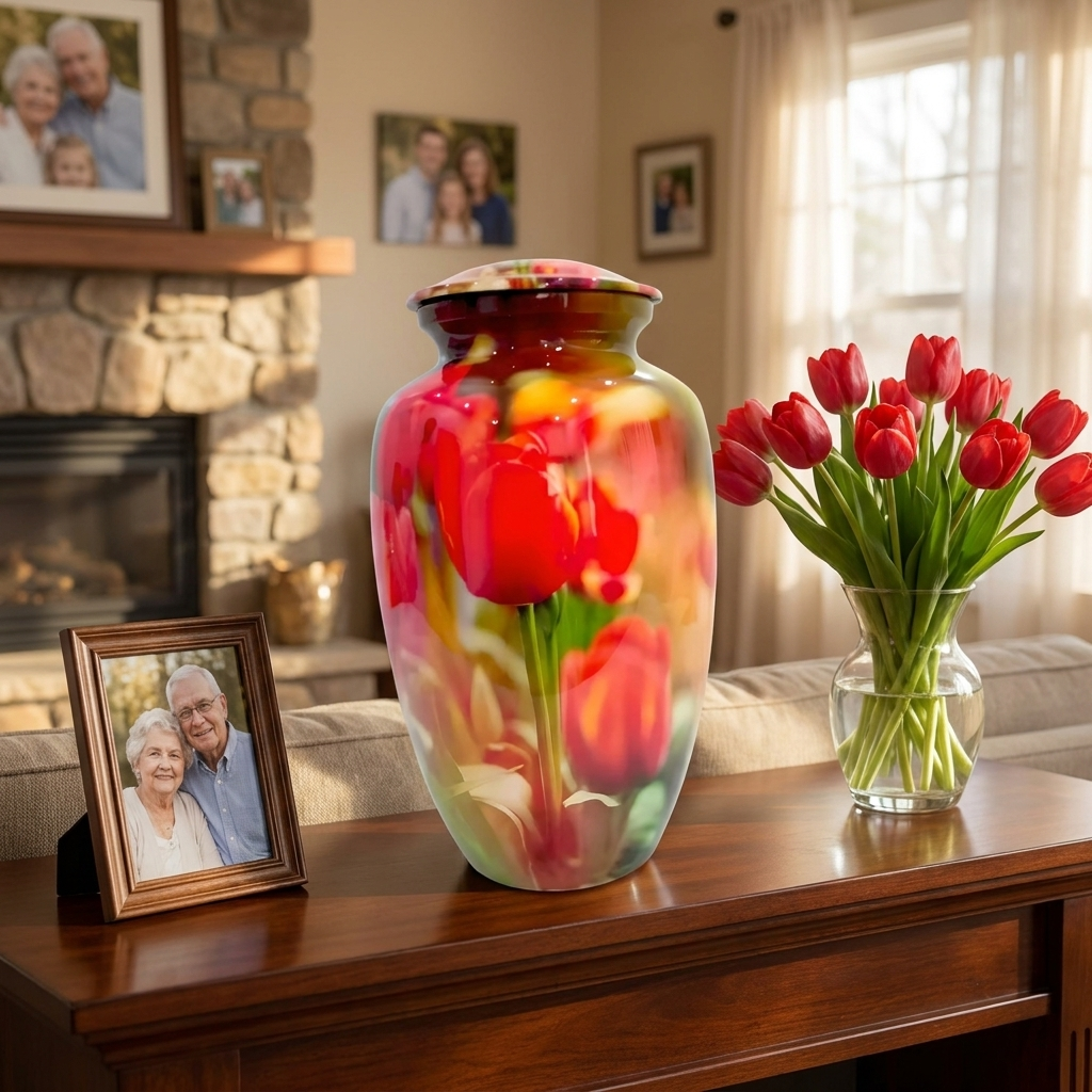 Adult Cremation Urn – Red & Yellow Tulip Blossom Design in Gloss Finish (Product Code: NURRPO)