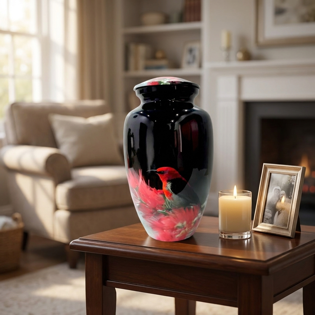 Adult Cremation Urn – Red Bird & Blossoms Design in Gloss Finish (Product Code: NURHBRP)