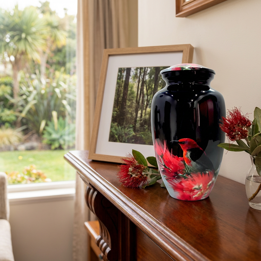 Adult Cremation Urn – Red Bird & Blossoms Design in Gloss Finish (Product Code: NURHBRP)