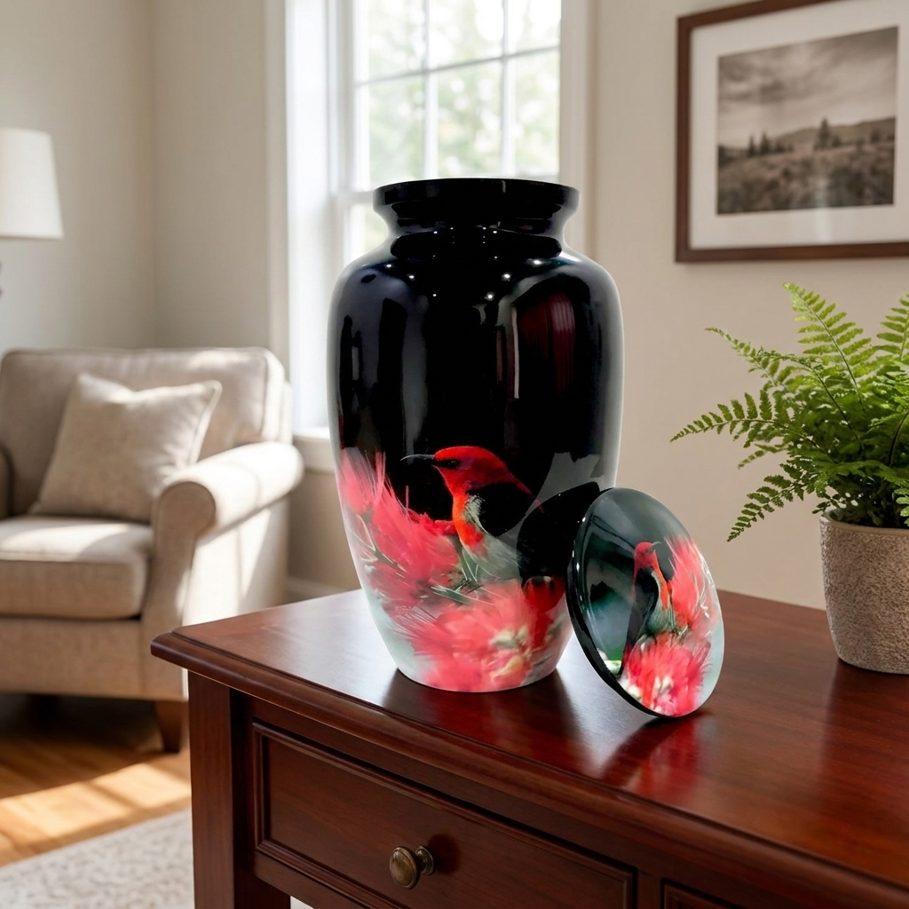 Adult Cremation Urn – Red Bird & Blossoms Design in Gloss Finish (Product Code: NURHBRP)