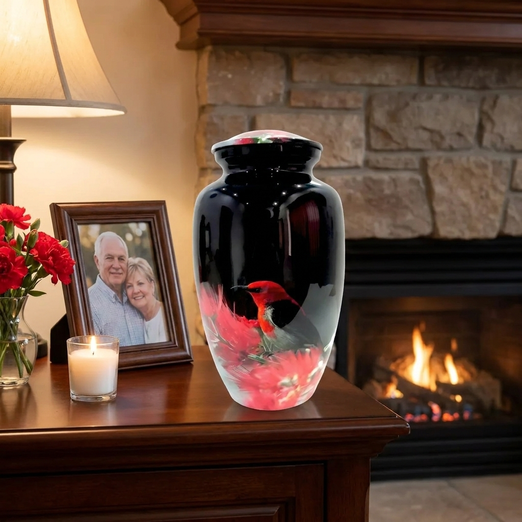 Adult Cremation Urn – Red Bird & Blossoms Design in Gloss Finish (Product Code: NURHBRP)