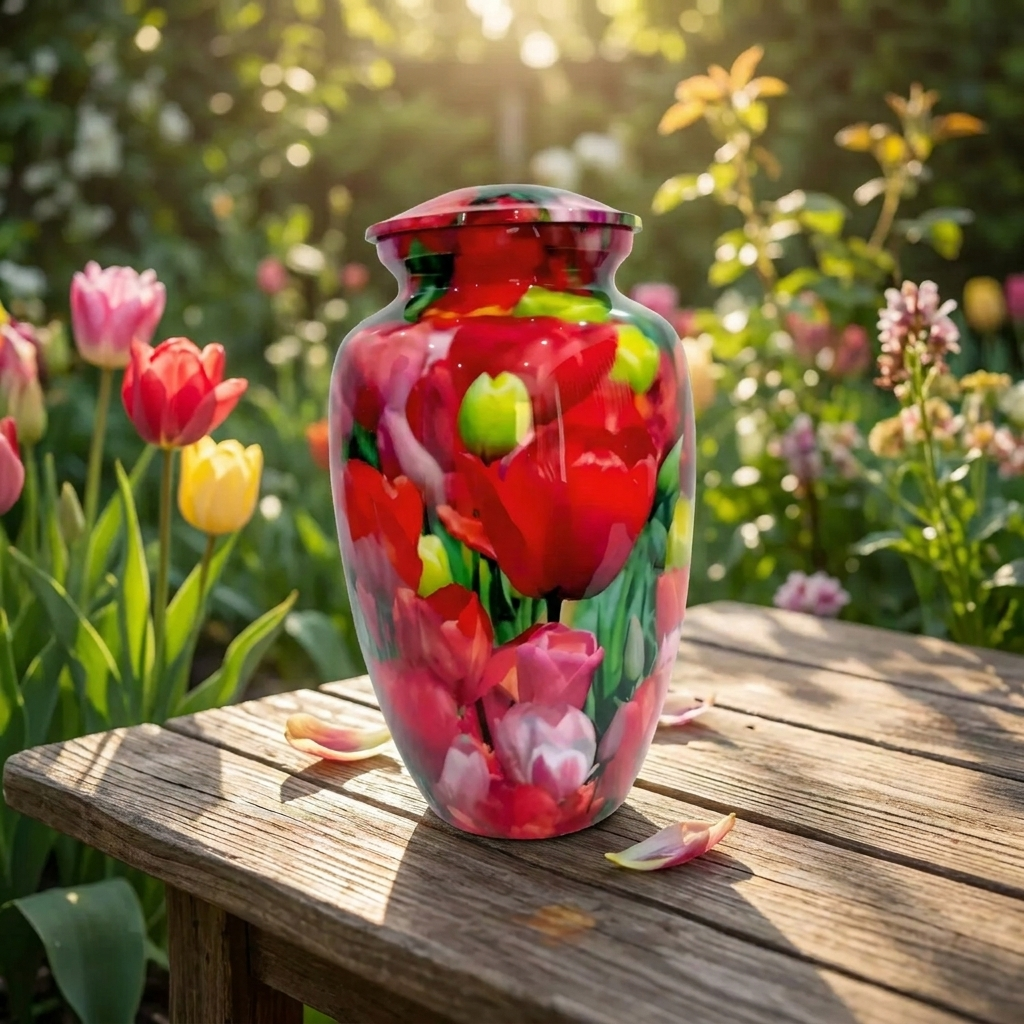 Adult Cremation Urn – Red, White & Green Tulip Blossom Design in Gloss Finish (Product Code: NURYPR)