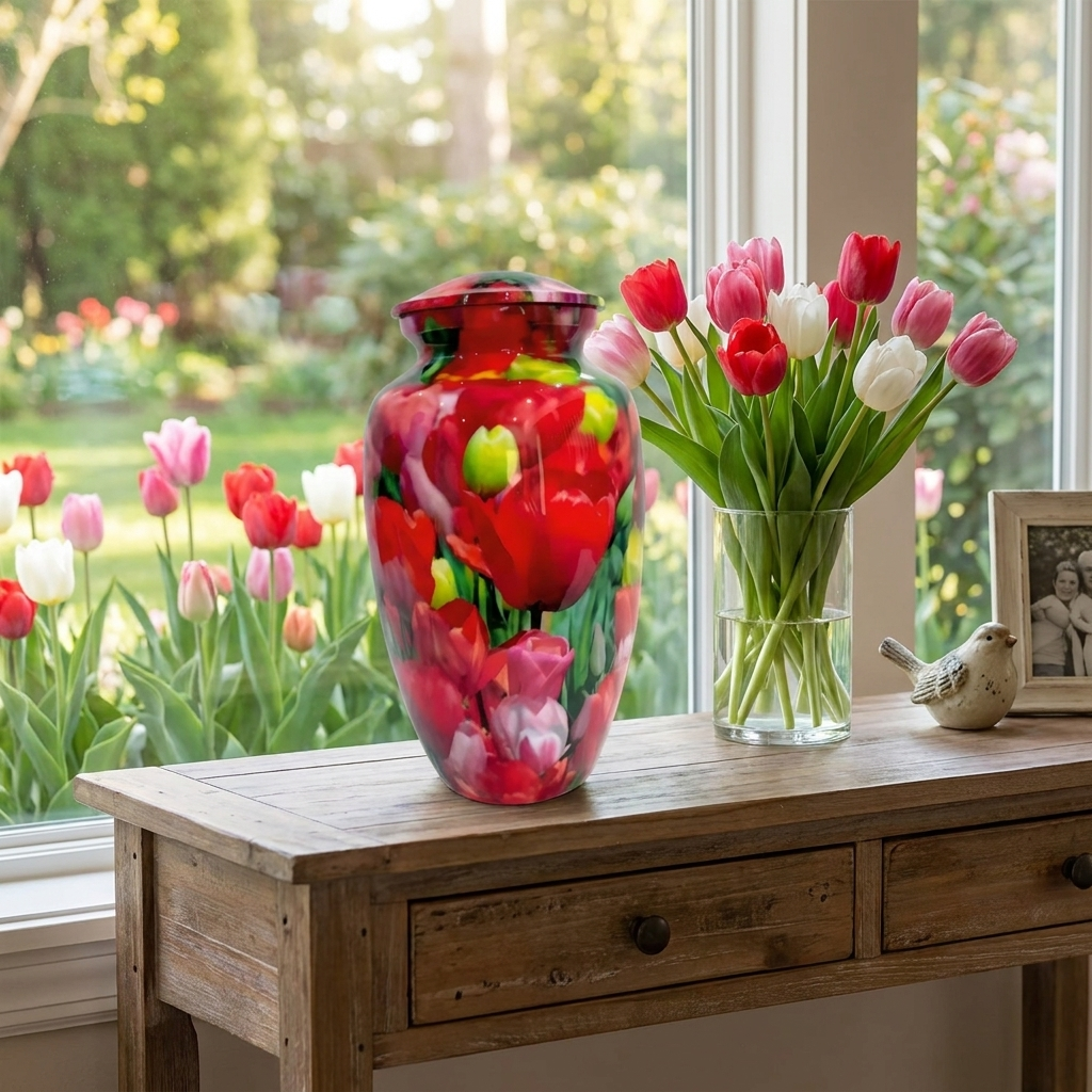 Adult Cremation Urn – Red, White & Green Tulip Blossom Design in Gloss Finish (Product Code: NURYPR)