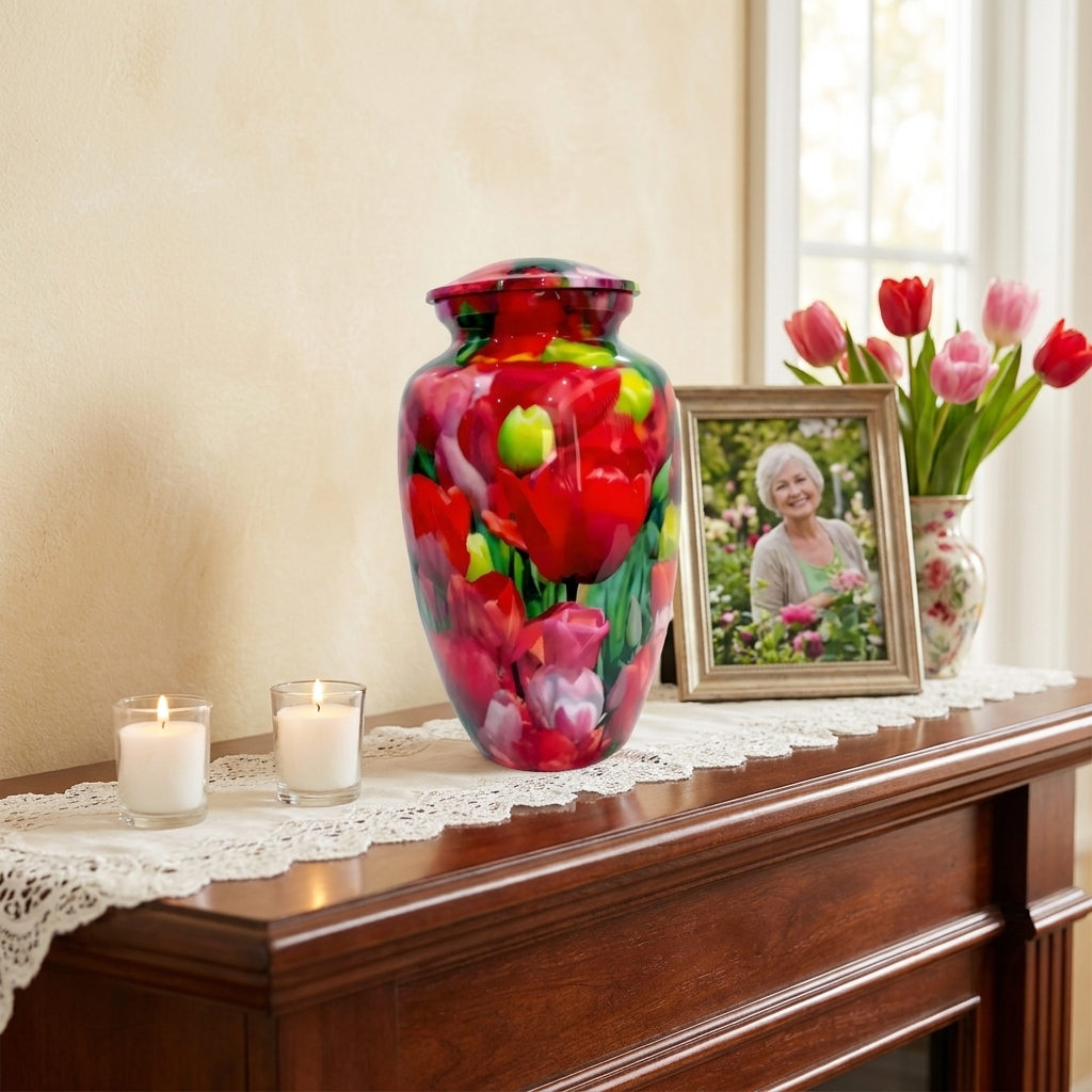 Adult Cremation Urn – Red, White & Green Tulip Blossom Design in Gloss Finish (Product Code: NURYPR)