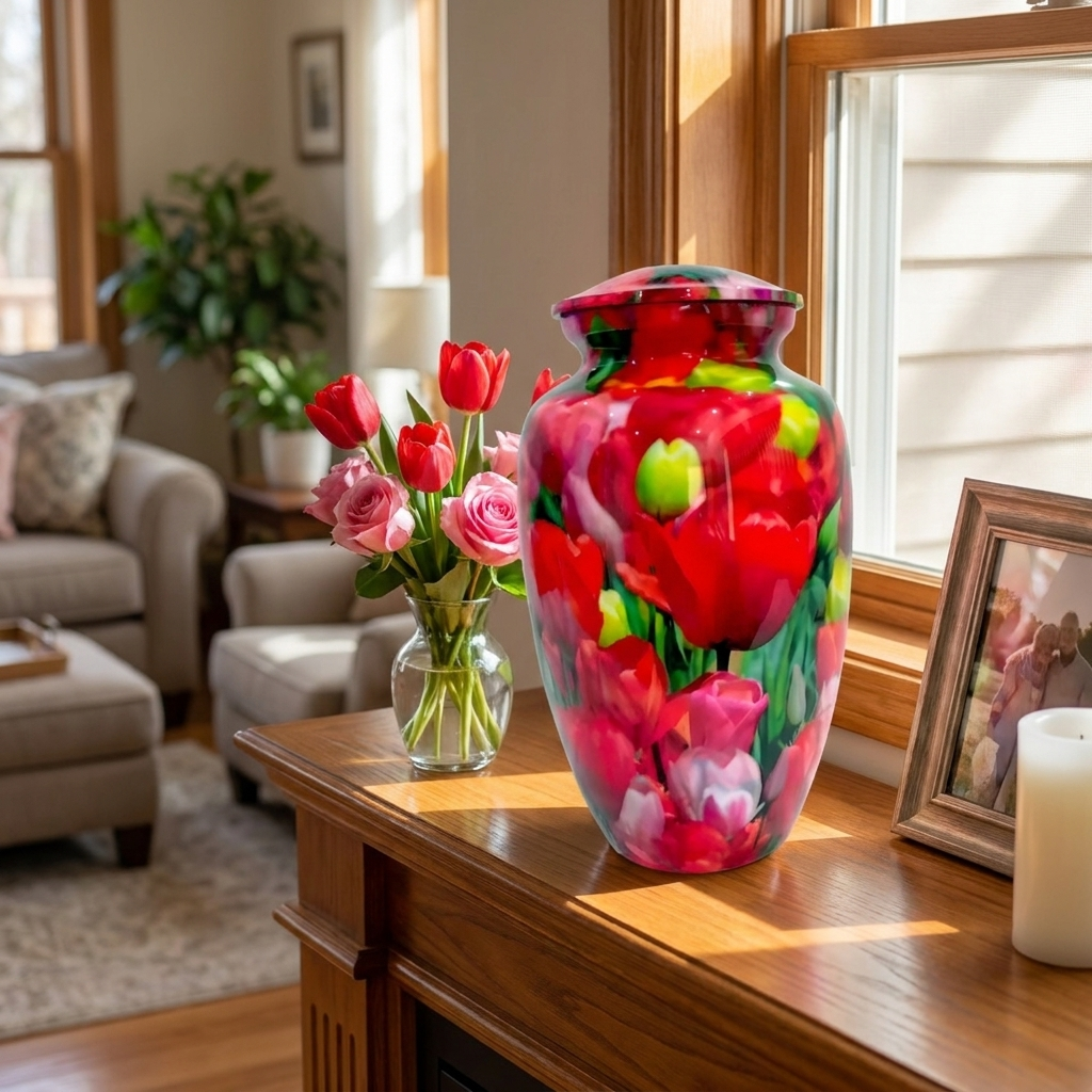 Adult Cremation Urn – Red, White & Green Tulip Blossom Design in Gloss Finish (Product Code: NURYPR)