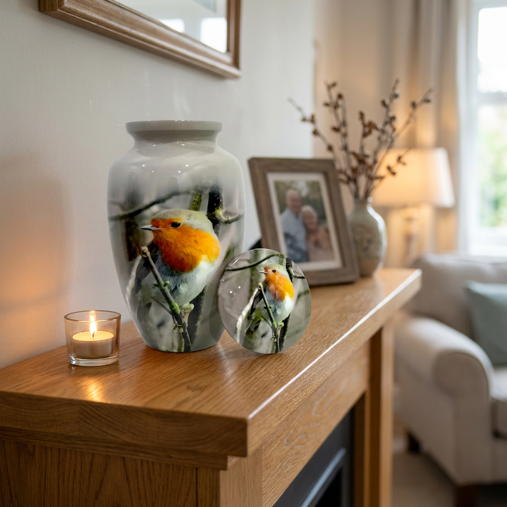 Adult Cremation Urn – Red-Breasted Robin Design (Product Code: NUBTB)
