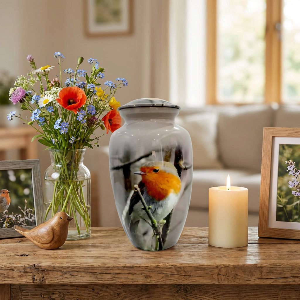 Adult Cremation Urn – Red-Breasted Robin Design (Product Code: NUBTB)