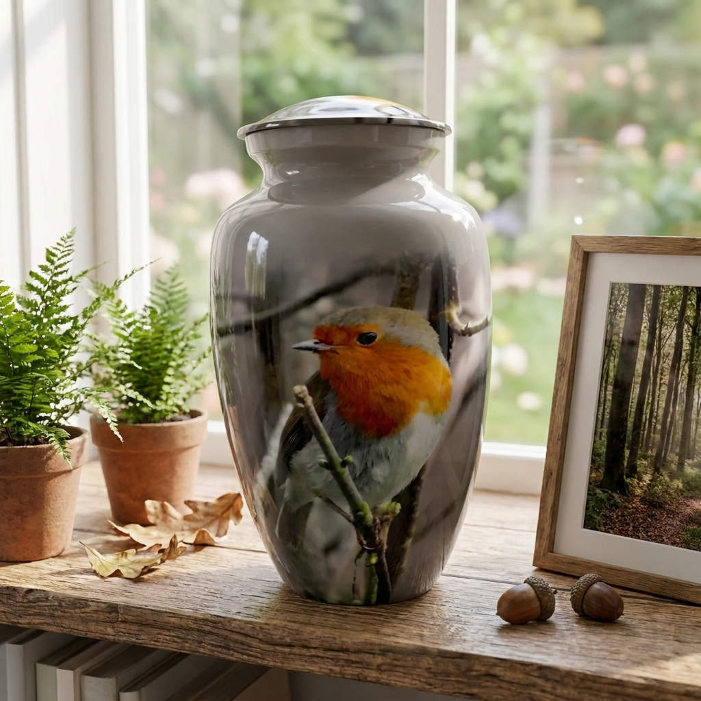 Adult Cremation Urn – Red-Breasted Robin Design (Product Code: NUBTB)
