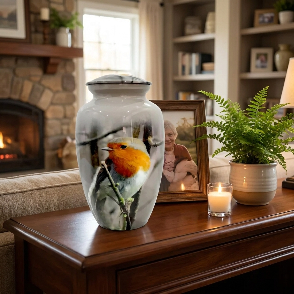 Adult Cremation Urn – Red-Breasted Robin Design (Product Code: NUBTB)